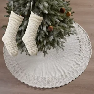 TO 122 White Knit Tree Skirt 48in Ivory Knitted Christmas Tree Skirt Mat