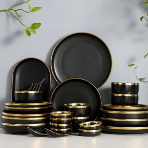 Tableware Set Nordic Modern Design Black Porcelain BPA Free Fish Dish Rice Bowl Soup Plate for Home Use Dinnerware Sets