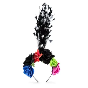 Tall Spike Black Feather Rainbow Rose Headband Sugar Skull Carnival Hair Hoop