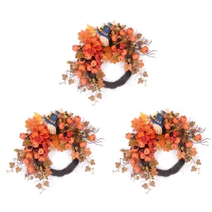 Thanksgiving Artificial Orange Pumpkin Scarecrow Round Vine Wreath Autumn Wall Decoration Red Berry Indoor Hanging Ornament