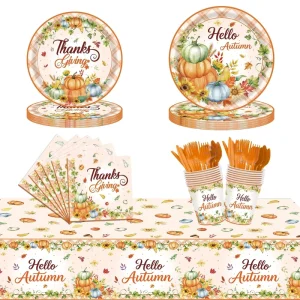 Thanksgiving Autumn Pumpkin Disposable Tableware Set Paper Plates Cups Napkins Fall Harvest Party Decor Supplies