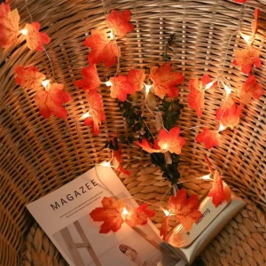 Thanksgiving Christmas LED Curtain Garden Lights Warm White Maple Leaves String IP44 Natural Copper Battery Operated Commercial