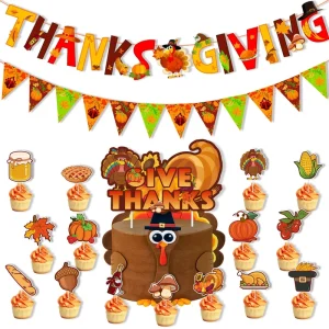 Thanksgiving Day Give Thanks Banner With Cupcake Toppers Fall Season Thanksgiving Party Supplies Decoration
