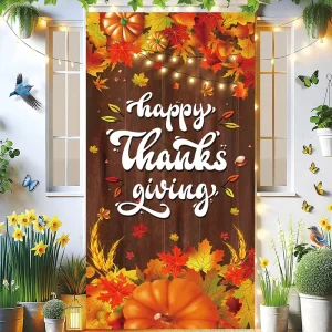 Thanksgiving Harvest Celebration Door Banner Turkey Fruit Pattern Porch Decor Polyester Lightweight Portable Indoor Outdoor