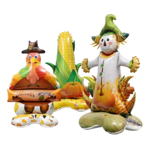Thanksgiving Party Photo Backdrop with 4D Three-dimensional Standing Straw Man and Turkey Super Large Aluminum Film Balloons
