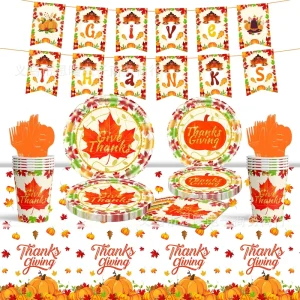 Thanksgiving Party Theme Autumn Maple Leaf Pumpkin Give Thanks Disposable Paper Plate Set Supplies for Party Decor
