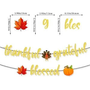 Thanksgiving Thankful Grateful Blessed Gold Glitter Turkey 12in Paper Banner Pumpkin Fall Harvest Wall Art Party Favors Decor