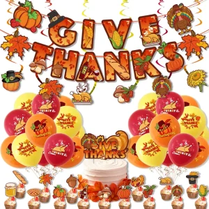 Thanksgiving Theme Party Decoration Supplies ‘Give Thanks’ Message Latex Holiday Flag Cake Card Balloon Arrangement Set