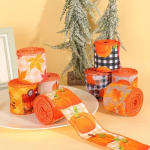 Thanksgiving Wired Edge Ribbon Pumpkin Maple Leaf Plaid Ribbon Fall Harvest Wreath Bows DIY Craft Gift Wrap Home Decor