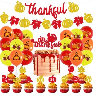 Thanksgiving-themed Party Decoration Set Cake Toppers Pick-up Flags Garland Streamers Paper Flowers Tassels Balloons Door