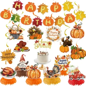 Thanksgiving themed Party Decorations GIVE THANKS Banner Garland Spiral Cake Toppers and Sign Set