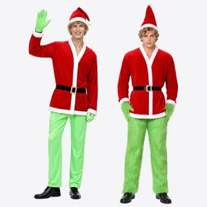 The Christmas Grinch Christmas Costume Santa Claus Adult Green haired Monster Cosplay Clothing With Belt and Hat Stage Costumes