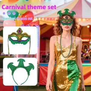 Three Color Half Face Masquerade Mask With Handheld Stick & Beads Costume Prop for Carnival Banquet Party Decor