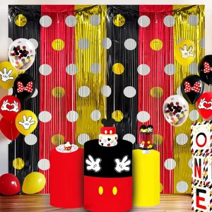 Tinsel Streamers Polka Dots 2 Pack 3.2×6.6ft Mouse Color Pink Black Foil Fringe Curtains Children’s Day Party Decorations