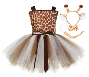 Toddler Girls Dress 4Pcs Giraffe Headband Bow Tie Tail Set Fluffy Tulle Girls Princess Dress Kids Jungle Party Outfit