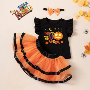 Toddler Girls Halloween 3 Piece Ruffle Sleeve Ghost Pumpkin Top Tutu Skirt Bow Headband Party Costume Set