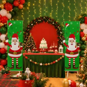 Traditional Checkered Christmas Hanging Banner Decor Flag with Lanterns and Elves for Family Restaurant KTV Mall