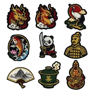 Traditional Chinese Art Dragon Koi Crane Panda Terracotta Warrior Gourd Fan Tea Cup Custom Embroidered Iron On Patches