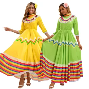 Traditional Mexican Women’s Long Dress Bohemian Dance Costume Halloween TV & Movie Costume Rainbow Stripe Style