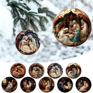 Traditional Religious Nativity Scene Christmas Ornament Holy Family 3D Carved Wood Style Tree Pendant for Holiday Decor