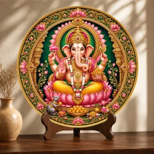 Traditional Resin Decor Plate Goddess Durga Lotus Pattern Desktop Home Religious Ornament With Stand