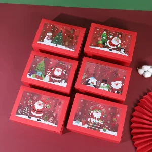 Transparent Window Red Rectangular White Cardboard Christmas Gift Box Santa Claus Snowman Design Foldable Paper Packaging