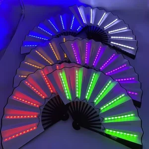 Trendy High Brightness LED Folding Hand Fan Wedding Fan Wooden and Bamboo Glow in the Dark Hand Fan Bar and Club