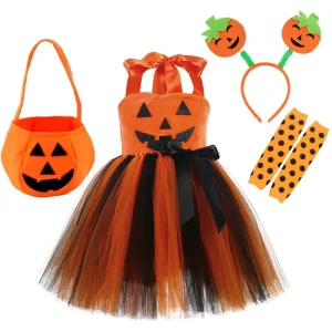 Tv Movie Costumes Girls Halloween Pumpkin Tutu Dress Orange Black Tulle Cosplay Kids Party Costume Girl Tutu Dress Set