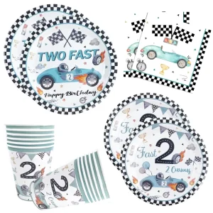 Two Fast Birthday Party Plates Race Car Plaid Disposable Paper Tableware Blue Black White Party Supplies Table Decoration