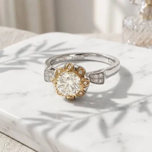 Two Tone Gold Sunflower Ring 1CT Brilliant Round Solitaire Au750 18K Gold Engagement Diamond Ring