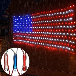 USA Flag Shaped Net Lights Outdoor Waterproof LED Mesh String Lights For Memorial Day Party 4th Of July Decorations