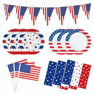 USA Independence Day Set 4th of July Party Supplies Tableware Decorations Disposable Plates Napkins Tablecloth Banner Flags