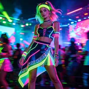 UV Reactive Neon Rave Outfit Light Up Corset & Sequined Asymmetrical Skirt EDM Festival Performance Costume