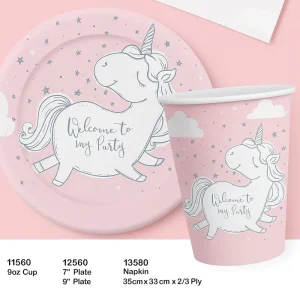 Unicon Themed Modern Style Environment Friendly Paper Tableware Set for Party Decorations Includes Cups Plates Knives Forks
