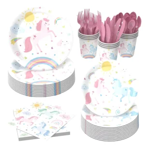 Unicorn Birthday Decorations Include Dessert Plates Napkins Cups Banner and Unicorn themed TableCloths
