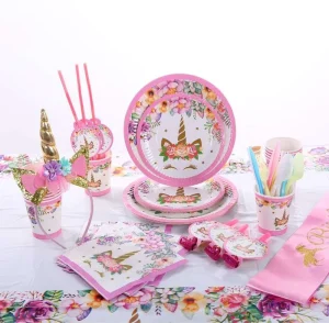 Unicorn Birthday Party Sets Disposable Tableware Paper Plates Cups Tablecloth Candy Box for Kids Birthday Decorations