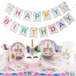 Unicorn Birthday Party Supplies Kit 16-Serving Paper Tableware Decorations Customized Color Banner Cake Topper Cutter Candles