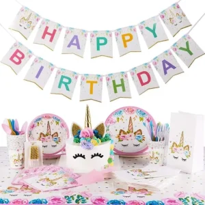 Unicorn Birthday Party Supplies Kit 16 Serving Paper Tableware Decorations Customized Color Banner Cake Topper Cutter Candles