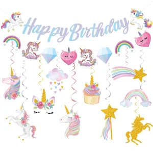 Unicorn Happy Birthday Decor Set Rainbow Banner & Swirls for Girls’ Party