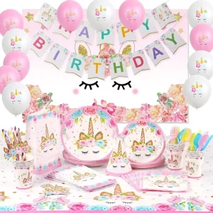 Unicorn Party Supplies Serve 16 Happy Birthday Banner Backdrop Balloons Hats Plates Table Cloth 176 PCs