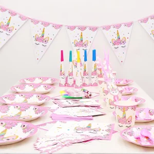 Unicorn Party Supplies Set Birthday Decorations Disposable Paper Plates Cups Napkins Straws Plastic Table Cloth