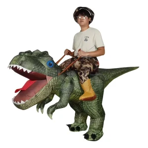 Unisex Green Polyester Inflatable Dinosaur Costume Funny Cosplay Mascot Silk Screen Printed Halloween Anime Children Carnival