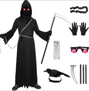 Unisex Halloween Horror Skeleton Ghost Costume Red Eye Death Jumpsuit With Character Pattern and Mask for Children’s Dress up