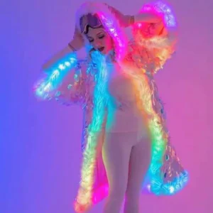 Unisex LED Shiny Faux Fur Coat with Silver Sequins Personalised Ballroom Performance Wear for Adults for Parties Favors