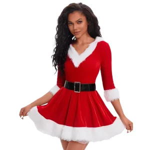 V Neck 3 4 Sleeve Velvet Christmas Elf Skirt Red & Green Fur Trim with Belt & Hood Women TV & Movie Costume for Christmas Party