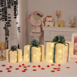 Valentine Christmas Halloween New Year Decor LED Lighted Glitter Gift Boxes 3pcs Set Wedding Engagement Table Display Ornament