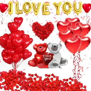 Valentine’s Day Anniversary Wedding Balloon Set Double Bear Love Decoration with ILOVEYOU Aluminum Balloons Party Celebrations