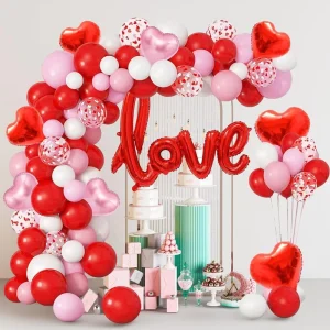 Valentines Day Balloon Arch Garland Kit with Love Banner Balloon Red pink Latex Balloon Valentines Day Wedding Party Decorations