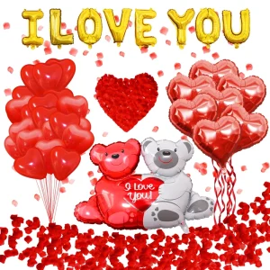 Valentine’s Day Balloon Arch Rose Petal Wedding Flower Decor Love Bear Red Heart Balloon Ribbon Set Baby Shower Party Decoration