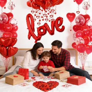 Valentine’s Day Balloon Decoration Kit with LOVE Foil Balloons, Heart Balloons, and Rose Petals